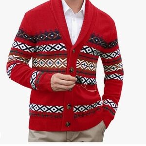 Aztec Fair Isle Pattern Shawl Collar Sweater Cardigan Red NWT SM-XXL Available